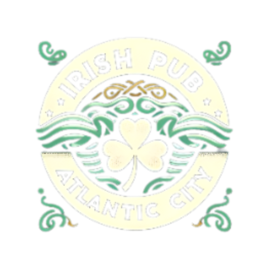 Logo design for 'Irish Pub Atlantic City' with an Oceanic Influence theme. Features shades of blue and green with elegant, breezy font. Incorporates imagery of ocean waves intertwined with a shamrock or a Celtic harp, symbolizing a blend of Irish motifs and coastal elements.